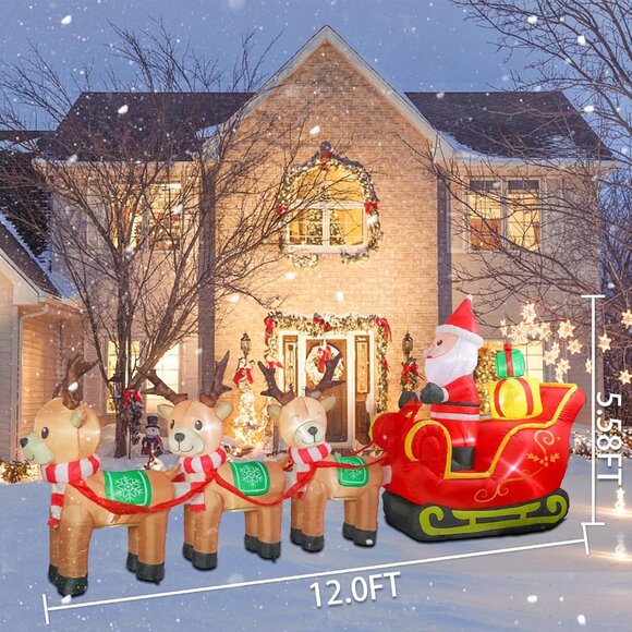 ⚡12FT Christmas Inflatable Santa Claus Sleigh Reindeer Outdoor Decoration - Picture 2 of 7